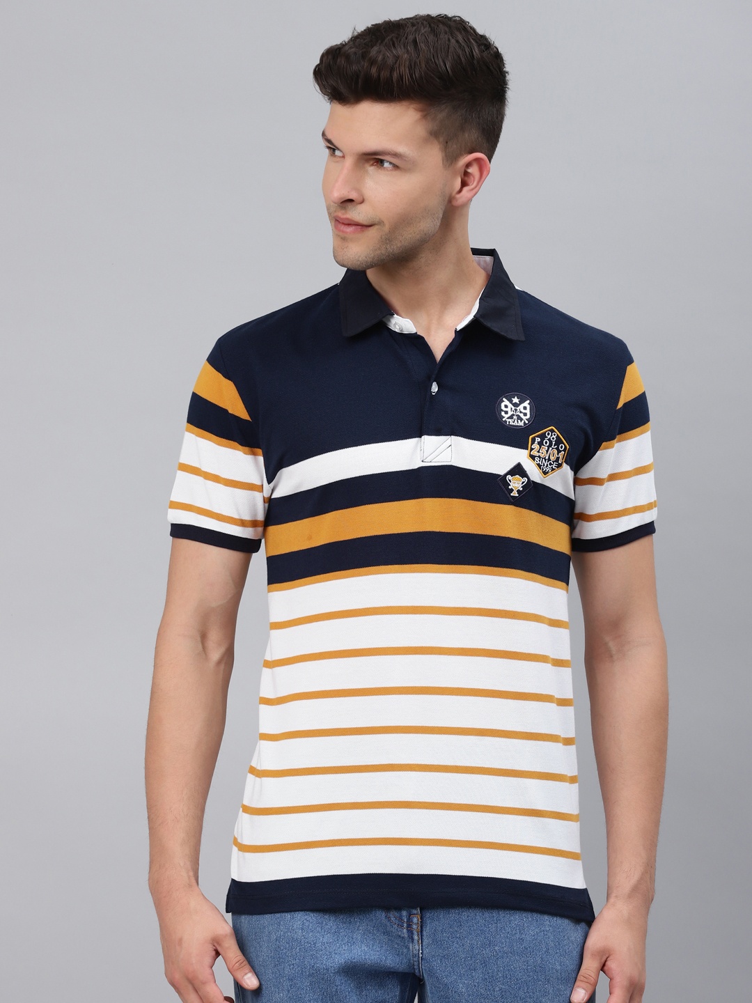 

Pierre Carlo Men White & Mustard Yellow Striped Polo Collar Applique T-shirt