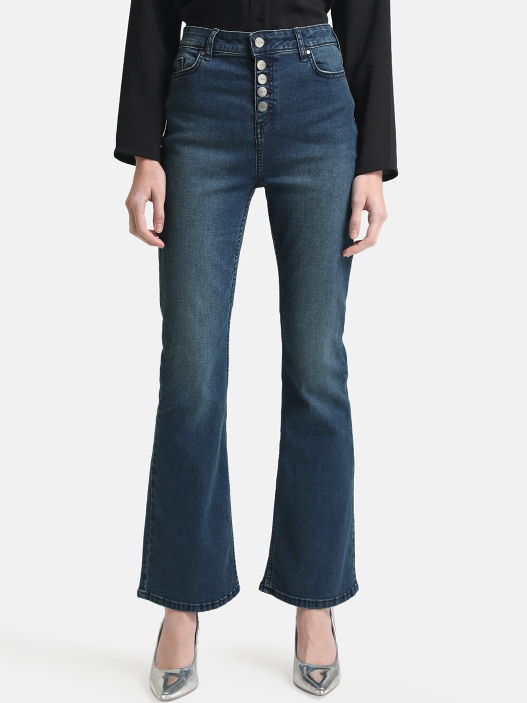 

Kazo Women Blue Flared High-Rise Heavy Fade Stretchable Jeans