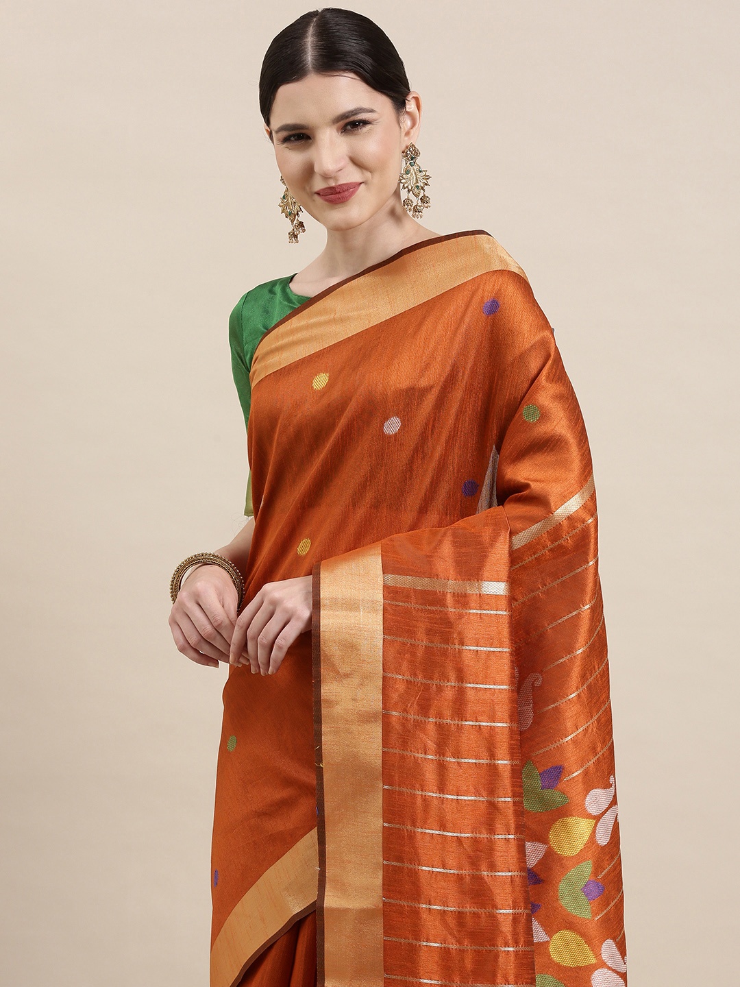 

Saree mall Orange & Golden Polka Dot Woven Design Sarees