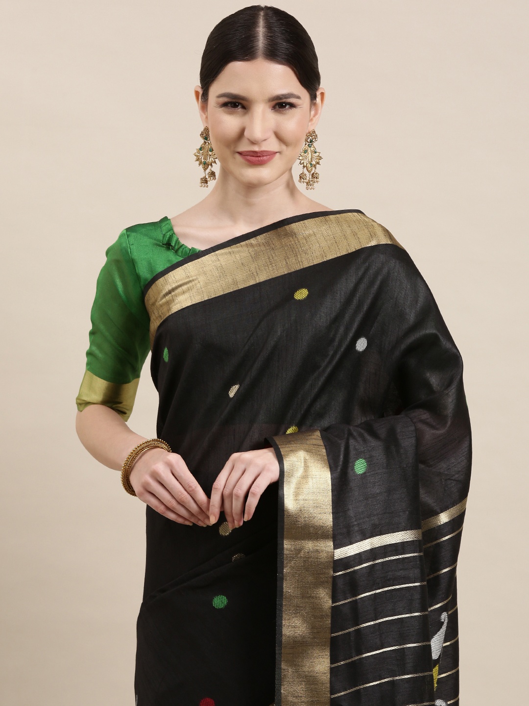 

Saree mall Black & Golden Polka Dot Woven Design Saree