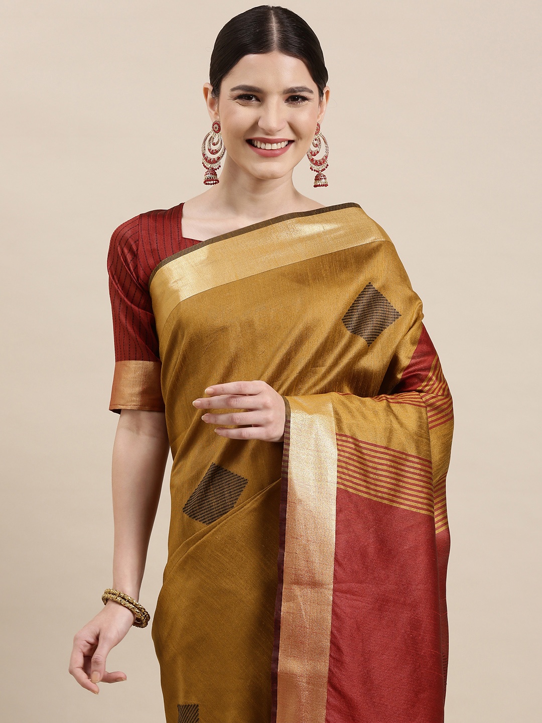 

Saree mall Mustard Brown & Black Geometric Woven Design Saree