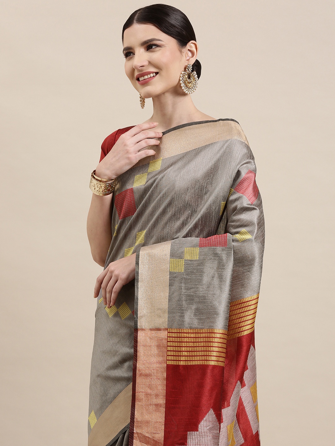 

Saree mall Grey & Beige Geometric Woven Design Saree