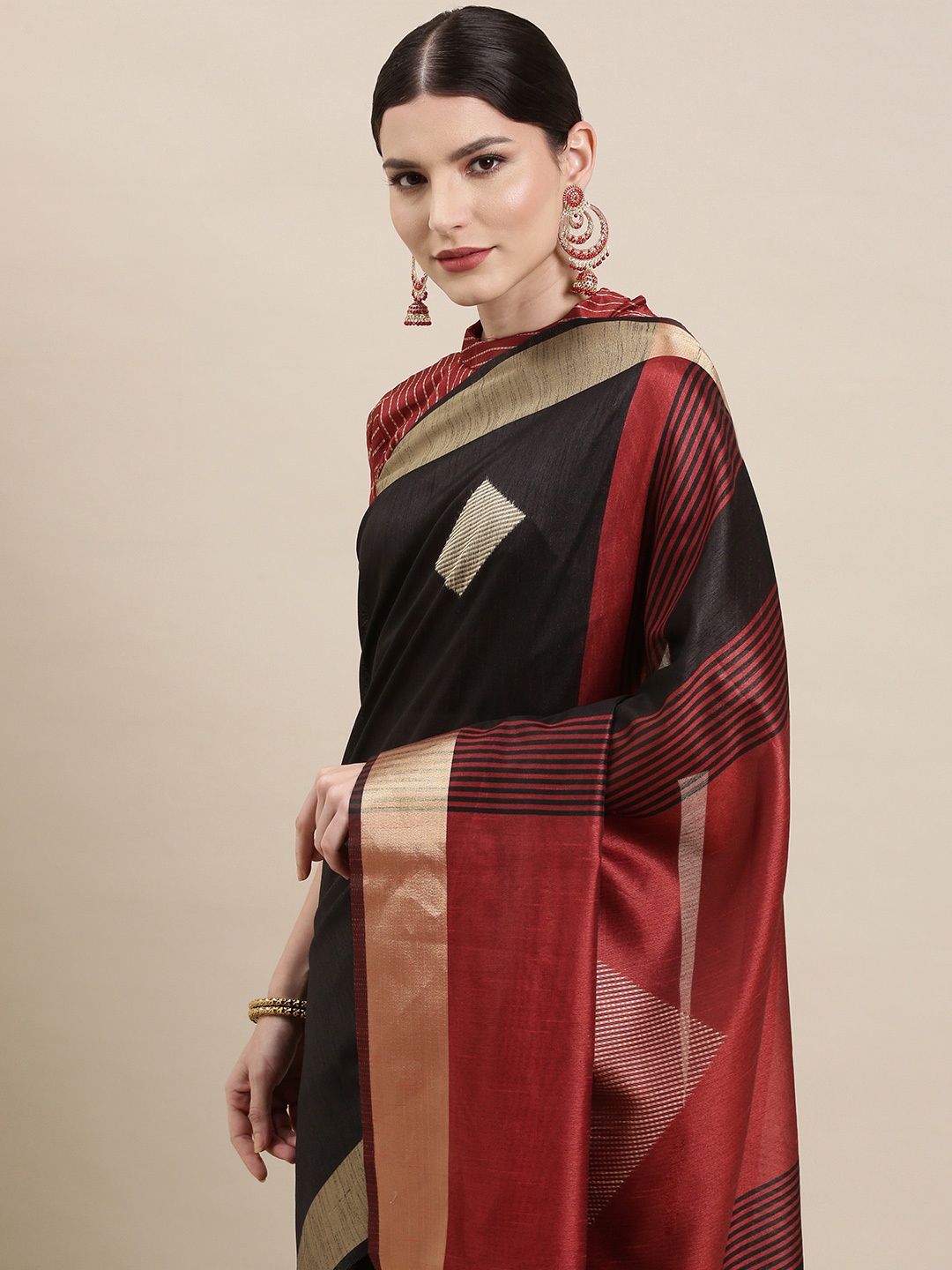 

Saree mall Black & Beige Geometric Woven Design Sarees