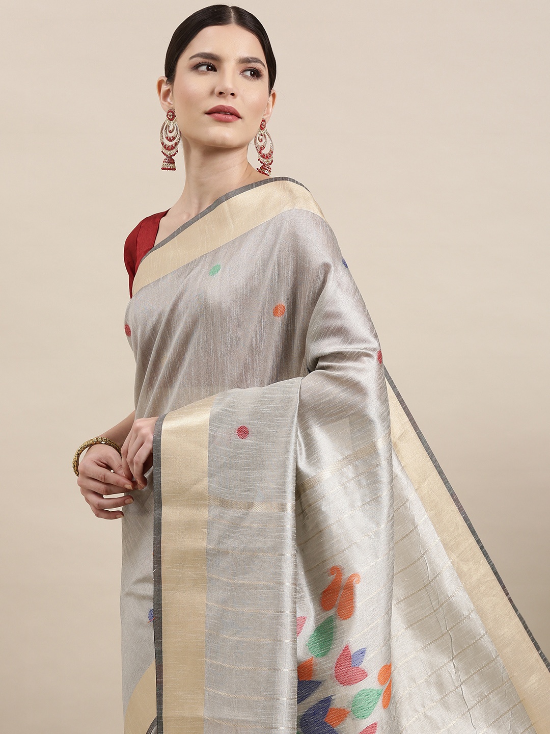 

Saree mall Grey & Golden Polka Dot Woven Design Sarees