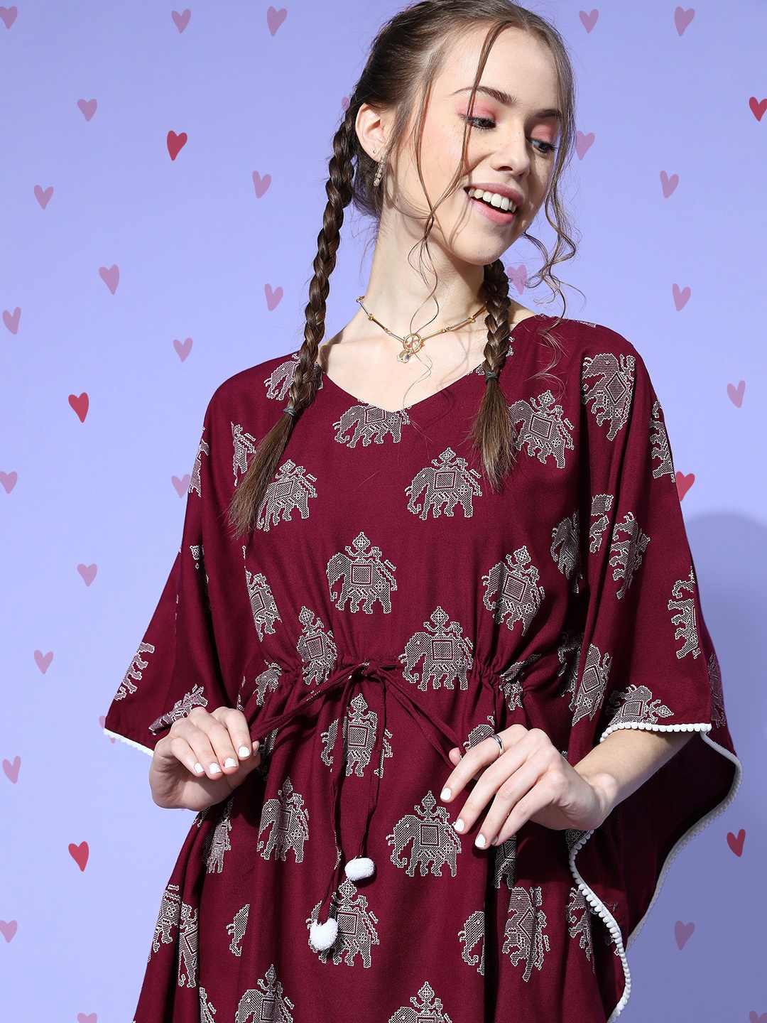 

Bannos Swagger Women Maroon Ethnic Motifs Indie Fusion Lounge Set