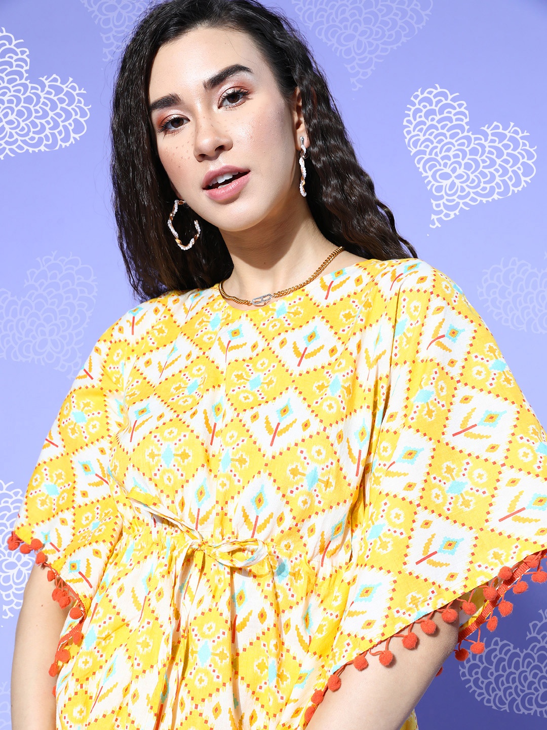 

Bannos Swagger Women Yellow & Cream-Coloured Pure Cotton Printed Kaftan Pyjamas Set