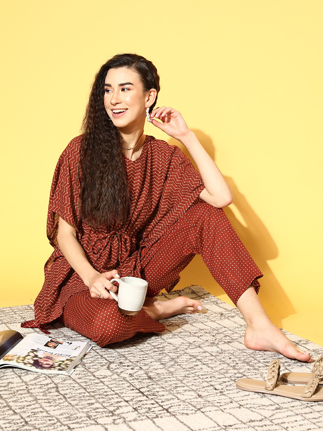 

Bannos Swagger Women Rust Brown & White Pure Cotton Printed Kaftan Pyjamas Set