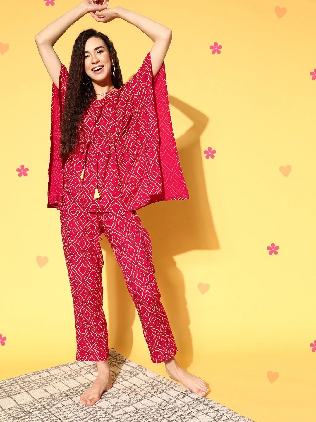 

Bannos Swagger Women Red & Cream-Coloured Printed Kaftan Pyjamas Set