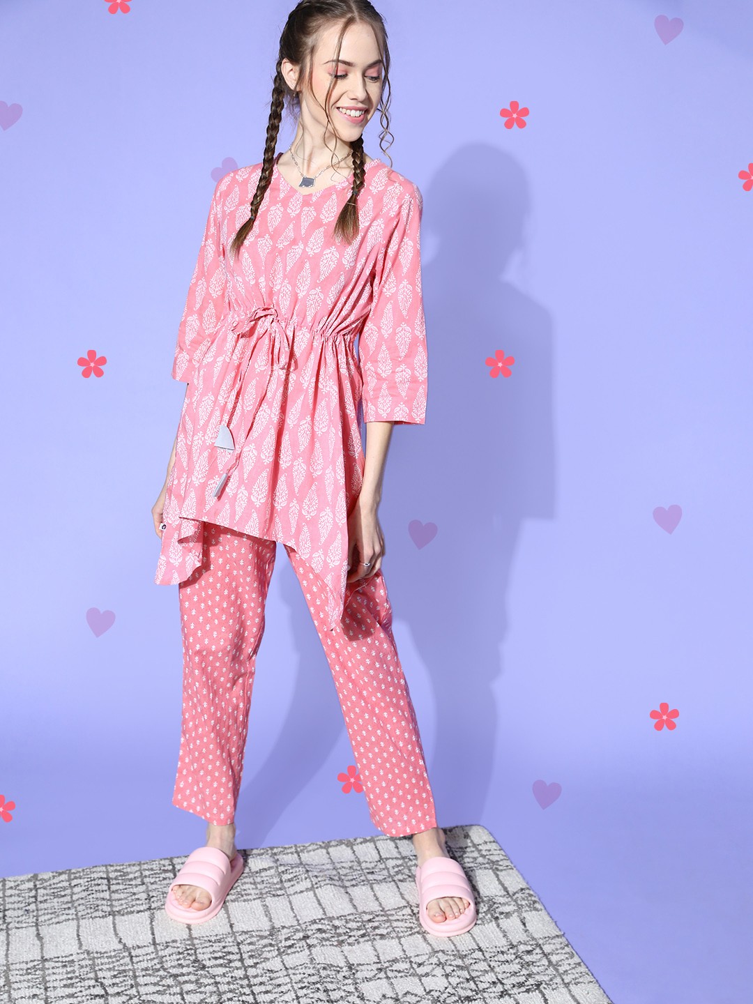 

Bannos Swagger Women Pink Ethnic Motifs Indie Fusion Lounge Set