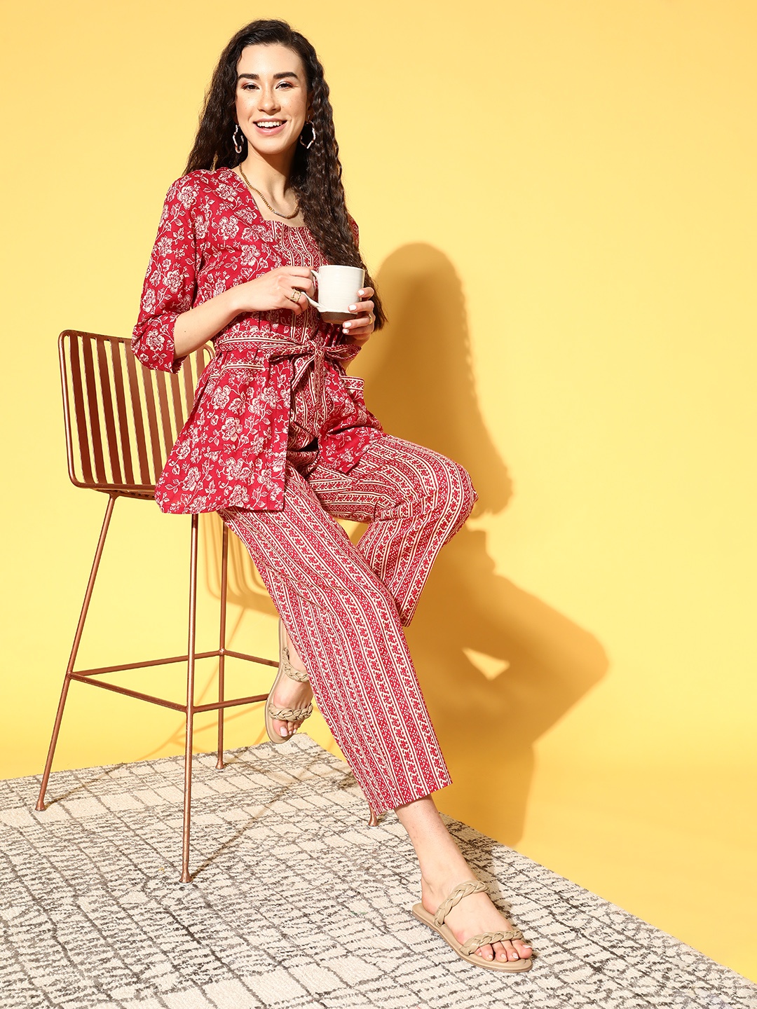 

Bannos Swagger Women 3 Pc Red & Cream-Coloured Pure Cotton Night Suit Set