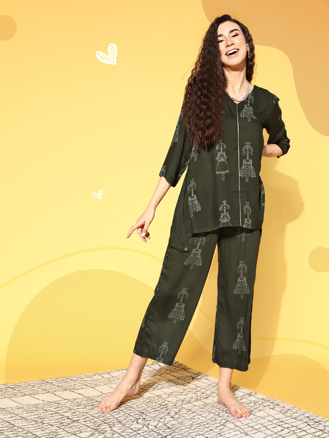 

Bannos Swagger Women Olive Green & White Printed Pyjamas Set