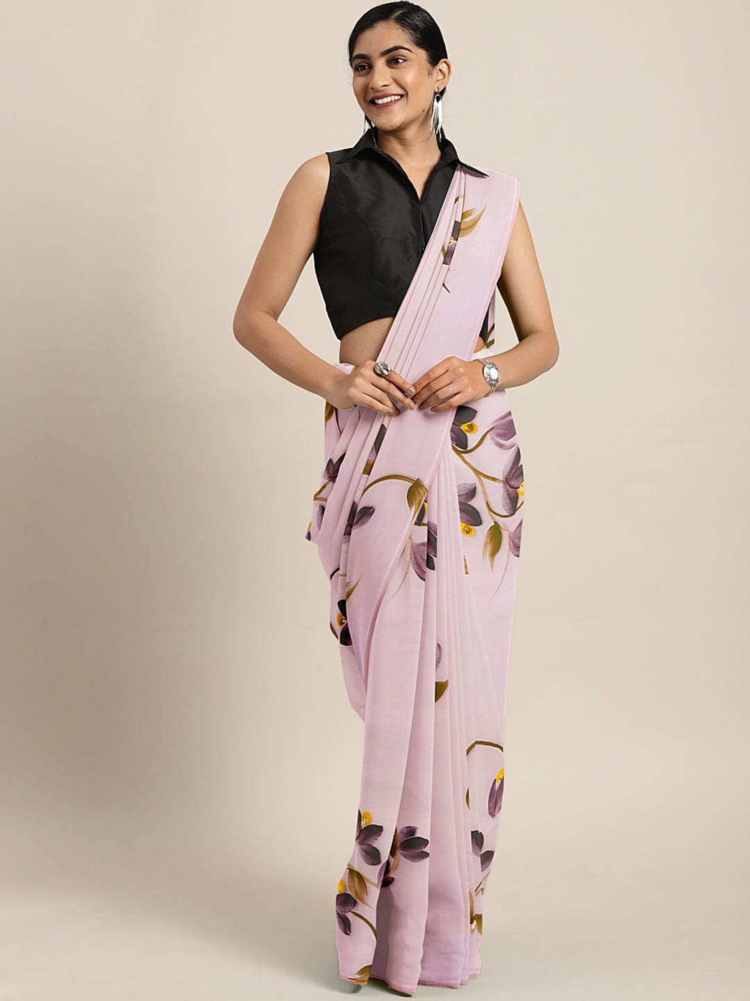 

Kalakari India Pink & Purple Floral Hand Painted Saree