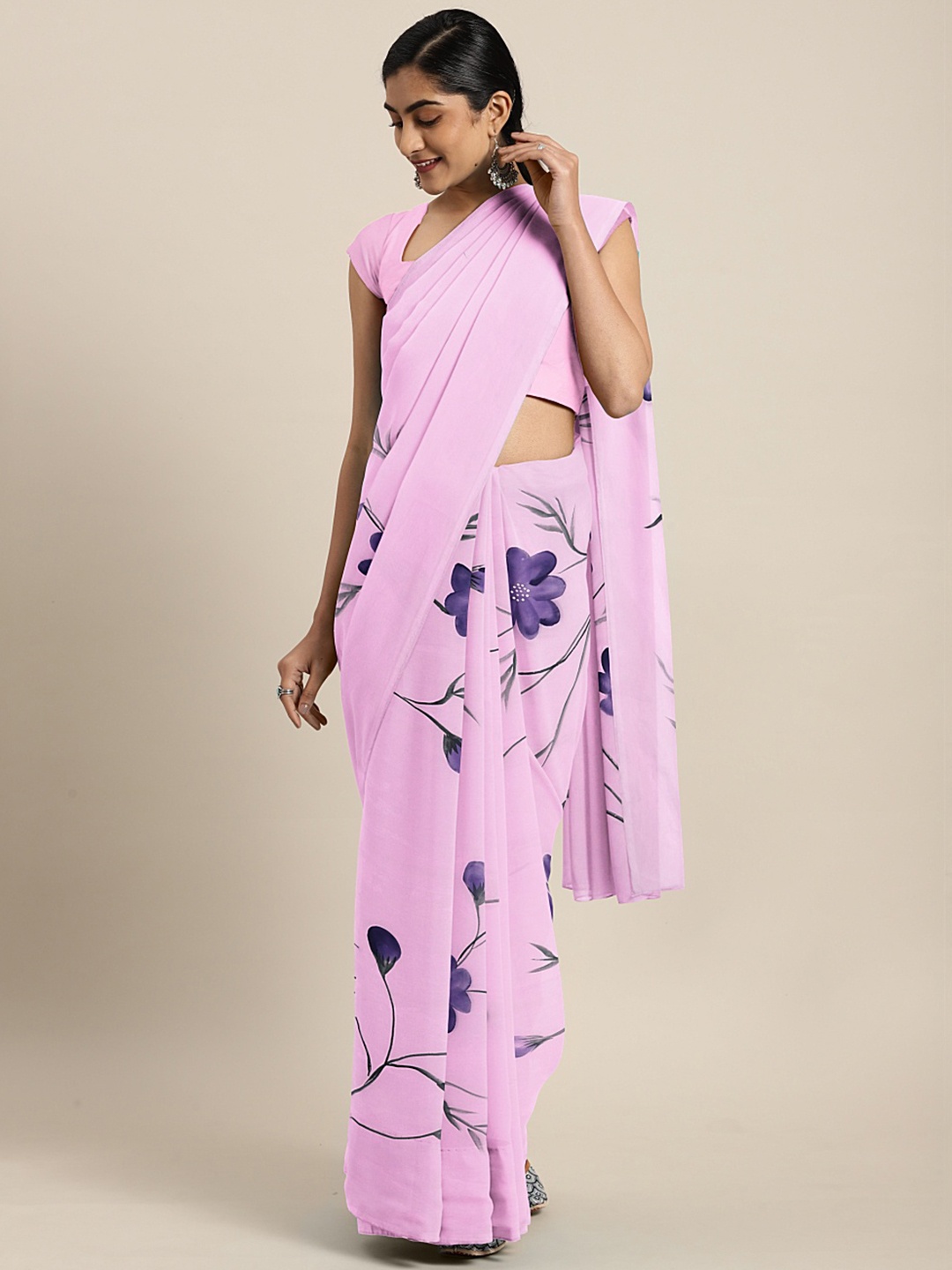 

Kalakari India Pink & Purple Floral Hand Painted Saree