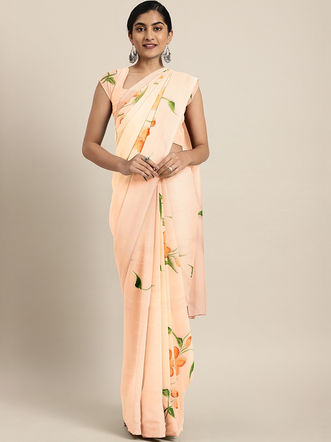 

Kalakari India Peach-Coloured & Orange Floral Hand Painted Saree