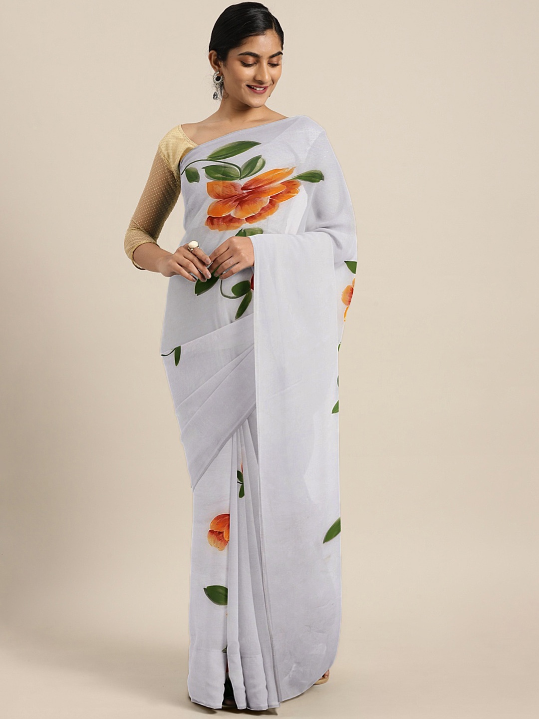 

Kalakari India Grey & Orange Floral Hand Painted Saree