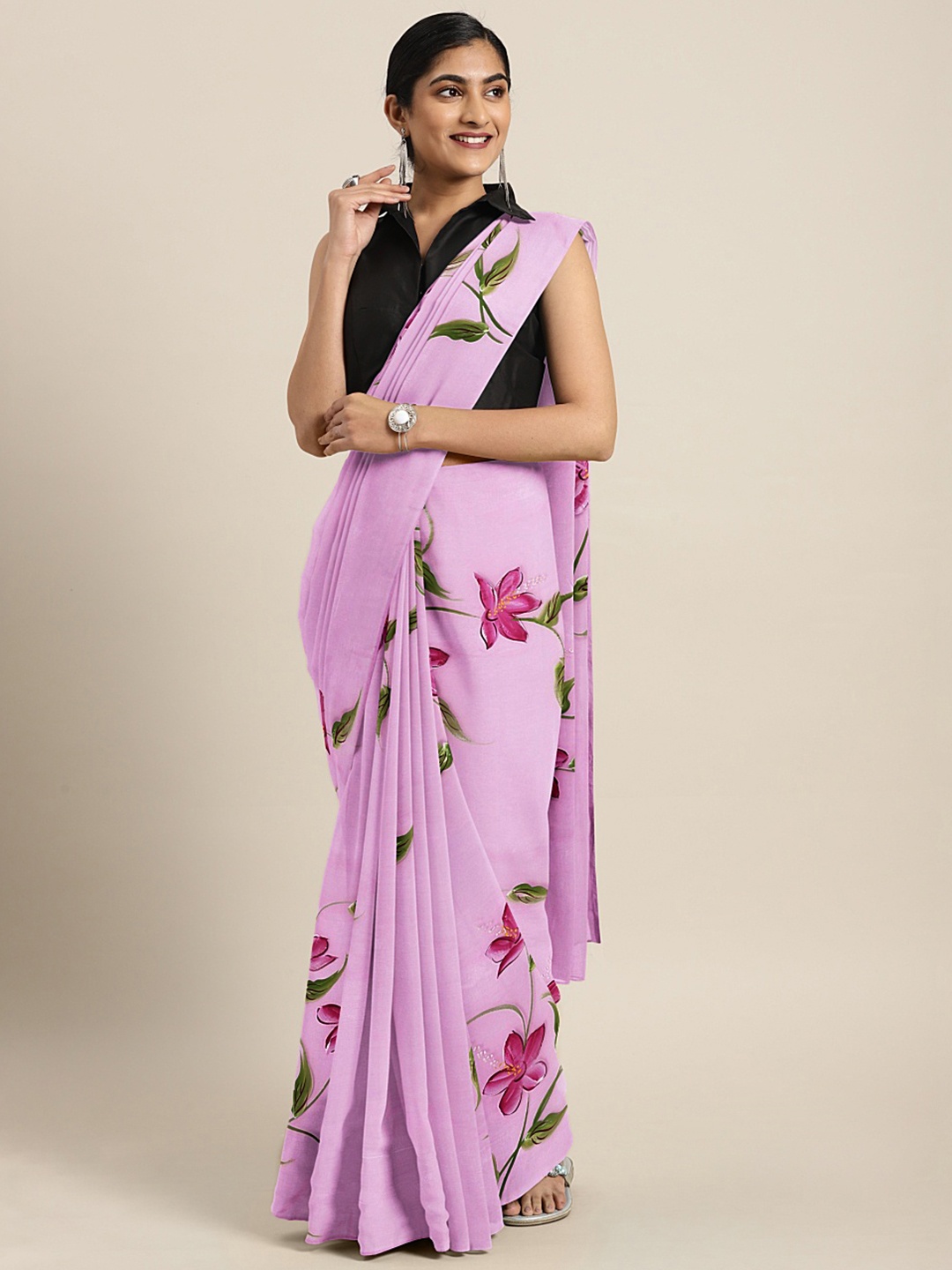 

Kalakari India Purple & Green Floral Hand Painted Saree