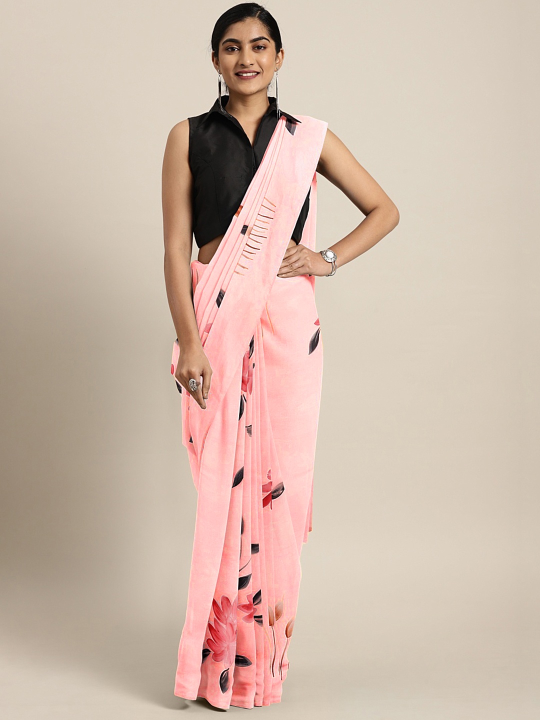 

Kalakari India Pink & Black Floral Hand Painted Saree