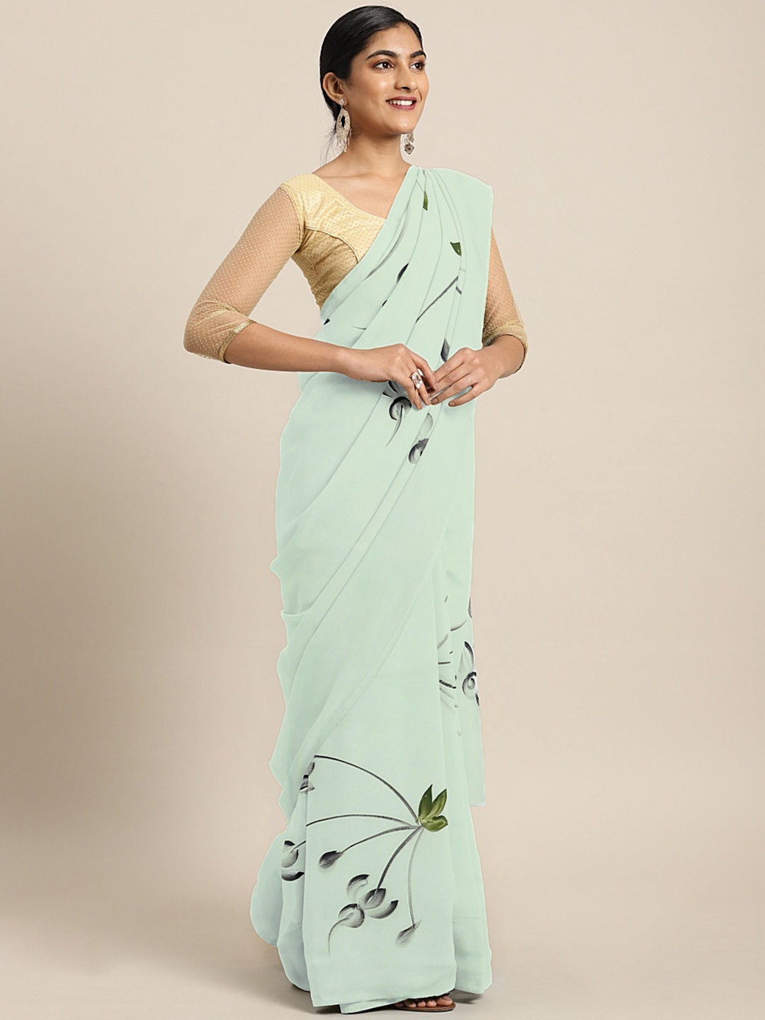 

Kalakari India Green Floral Hand Painted Saree