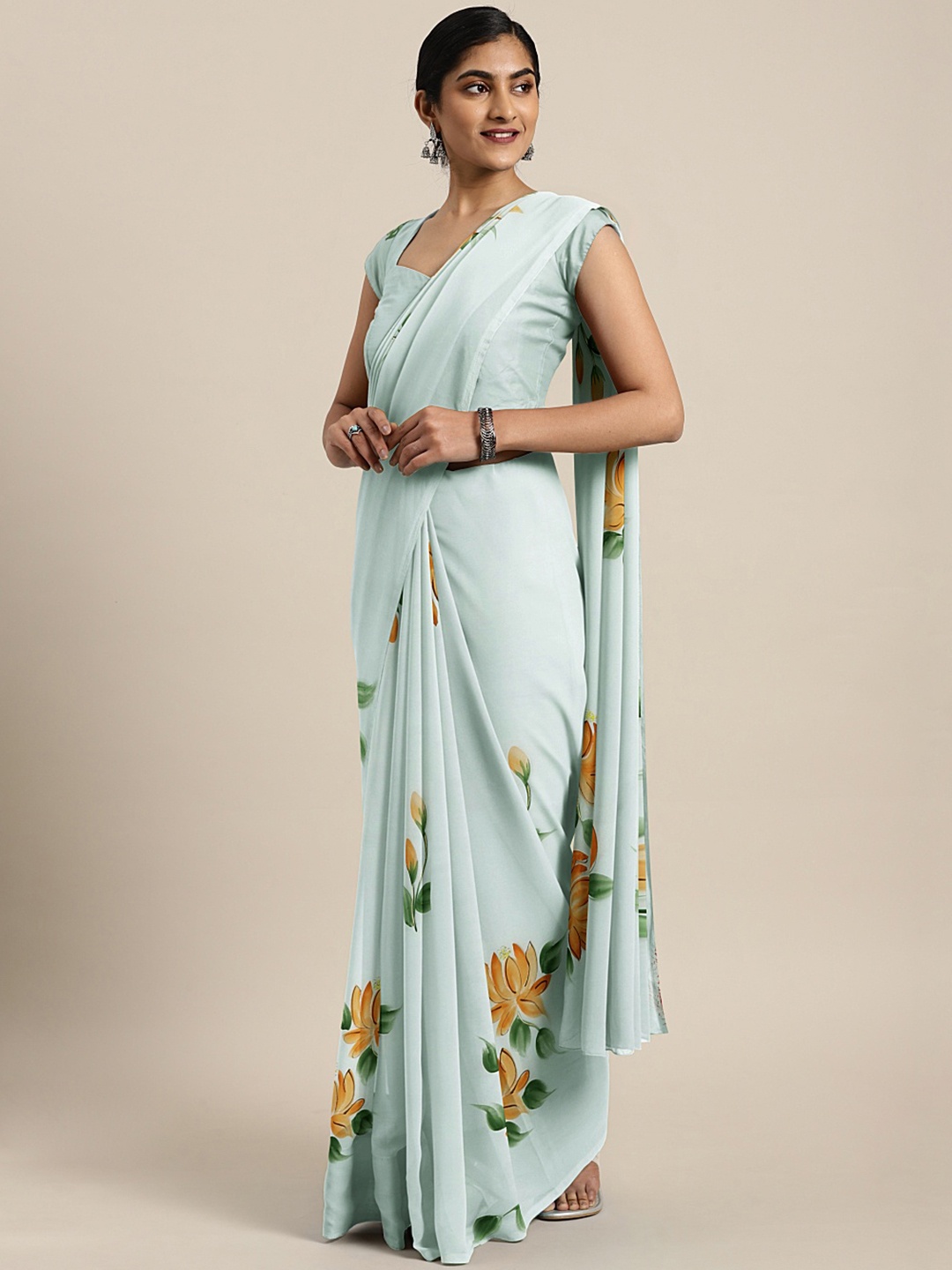 

Kalakari India Grey & Mustard Yellow Floral Hand Painted Saree