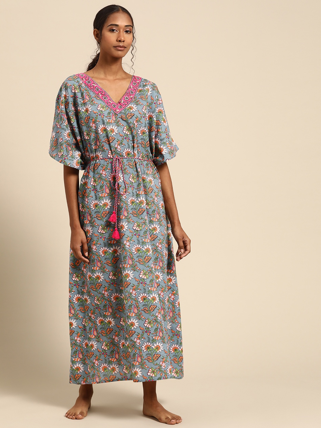 

Prakrti Grey Printed Cotton Maxi Nightdress