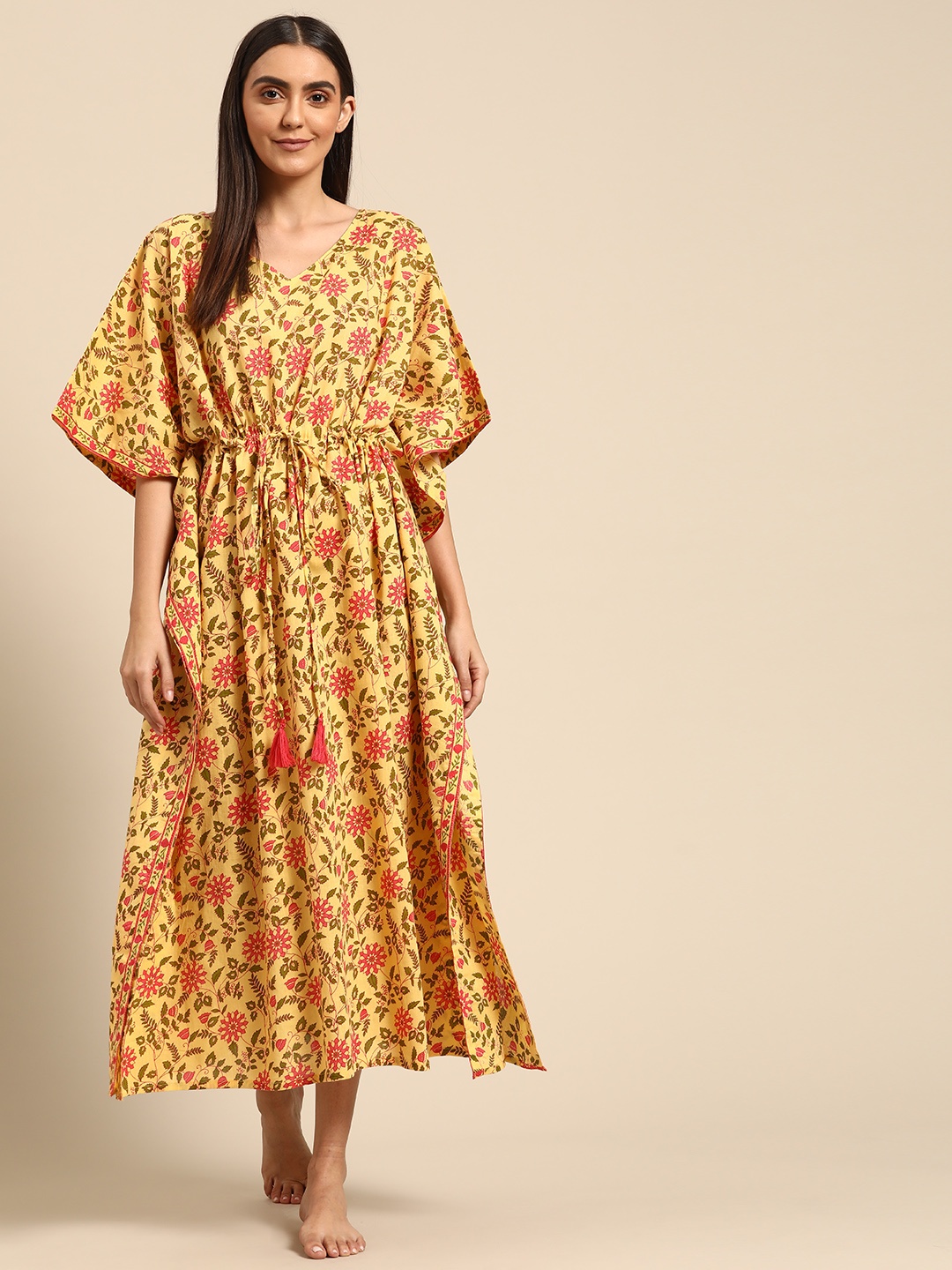 

Prakrti Yellow & Pink Floral Jaal Print Pure Cotton Kaftan Nightdress