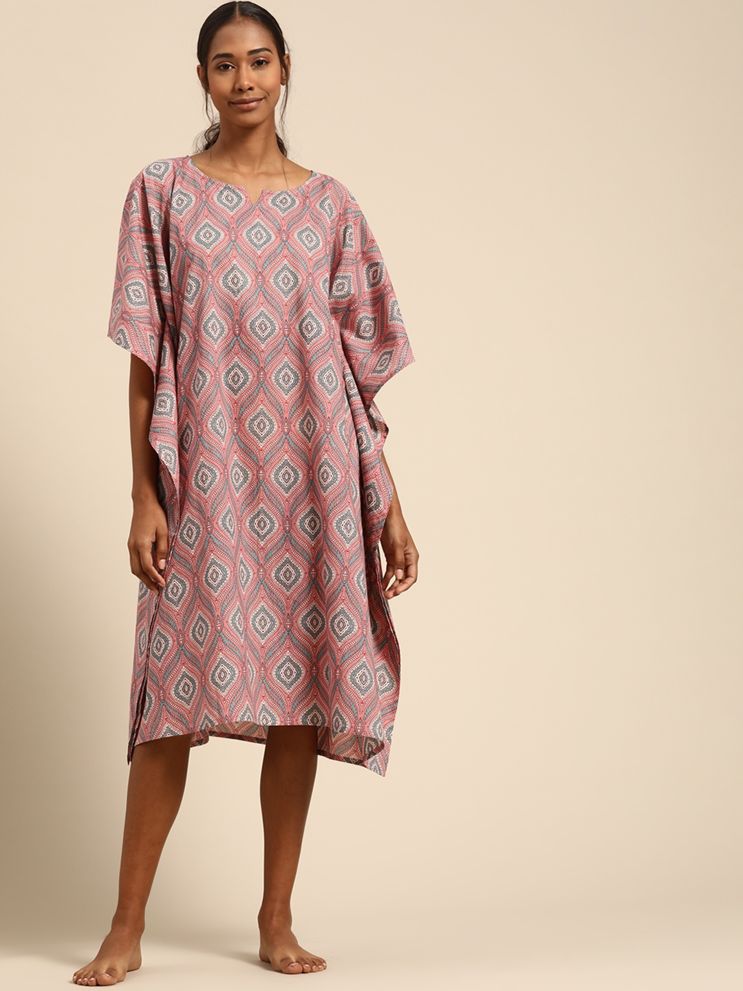 

Prakrti Dusty Pink Jaal Print Pure Cotton Kaftan Nightdress, Rose