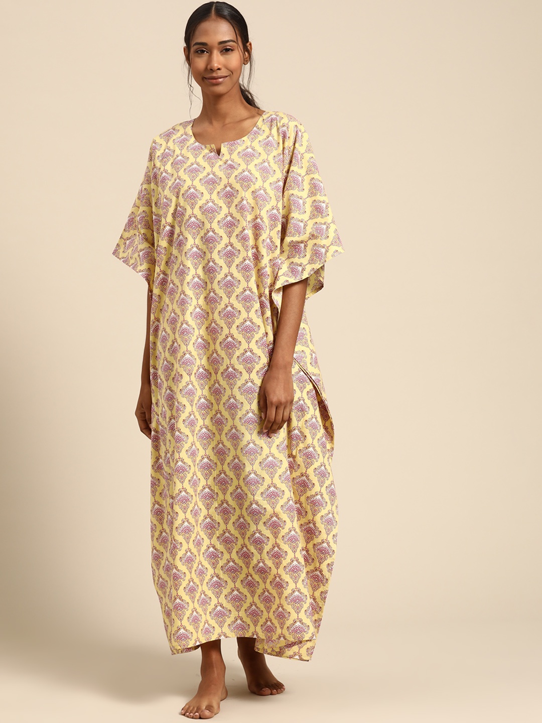 

Prakrti Yellow & Pink Jaal Print Pure Cotton Kaftan Nightdress