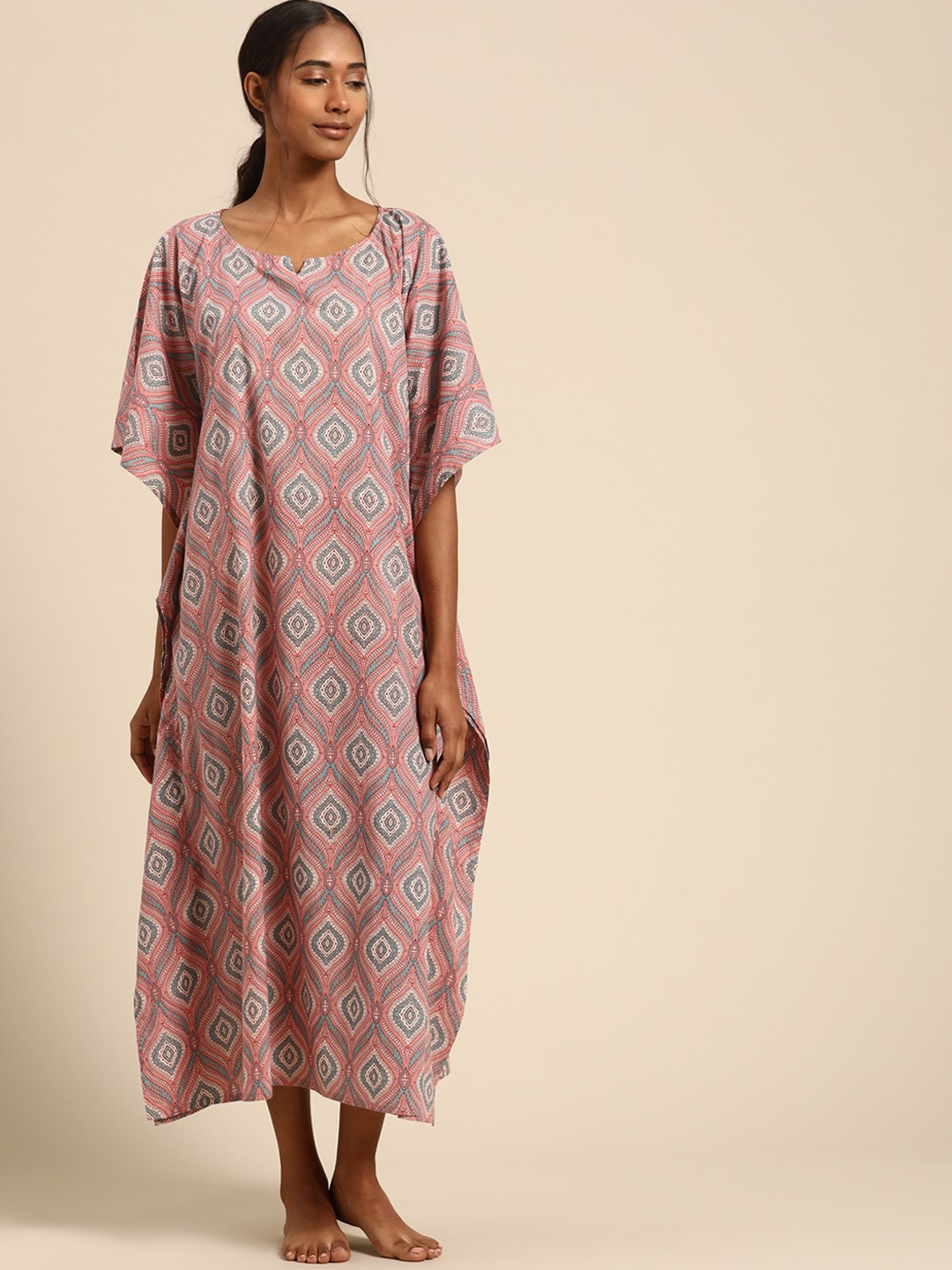 

Prakrti Peach-Coloured Printed Cotton Maxi Nightdress