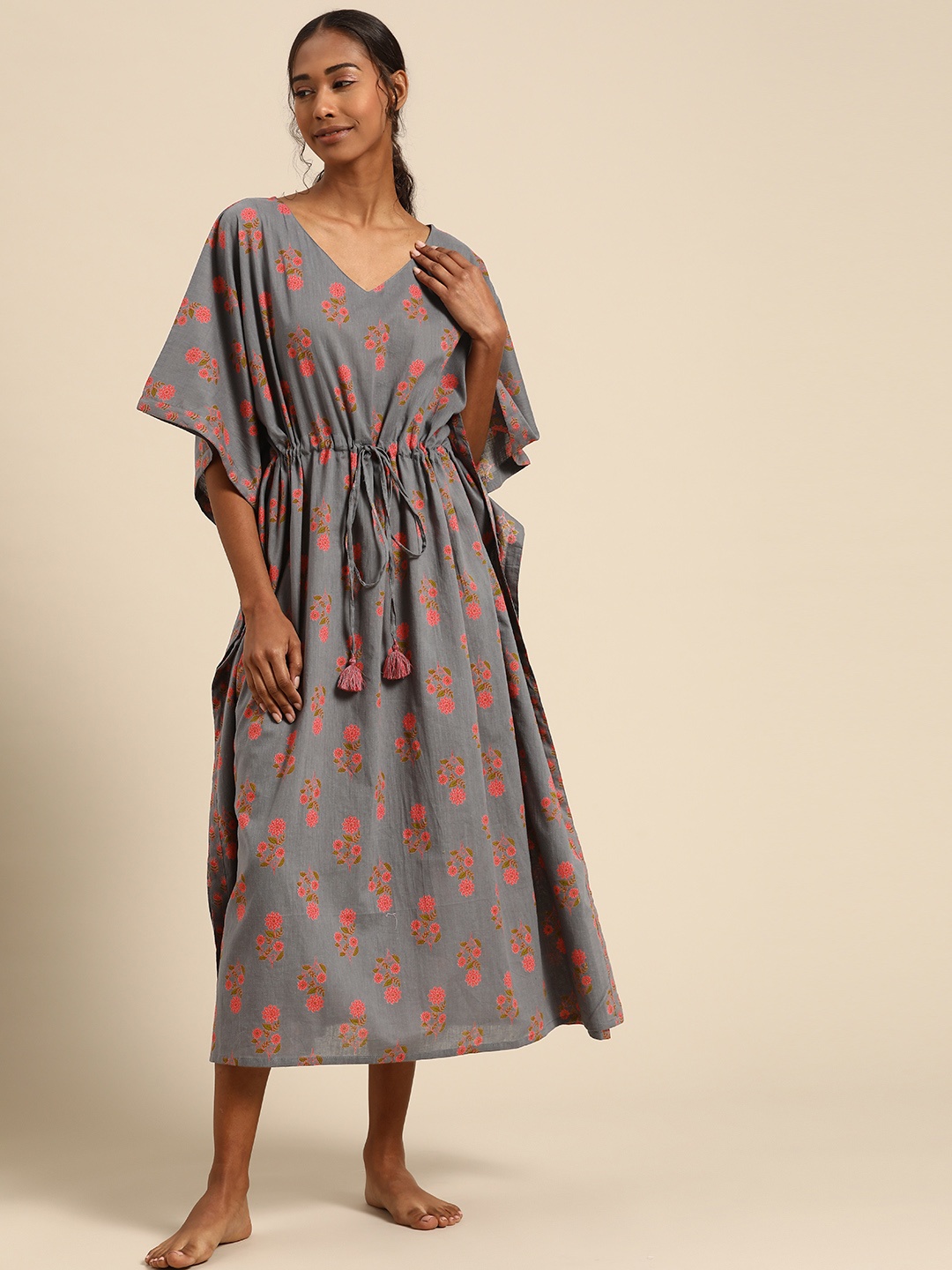 

Prakrti Grey Printed Cotton Maxi Nightdress