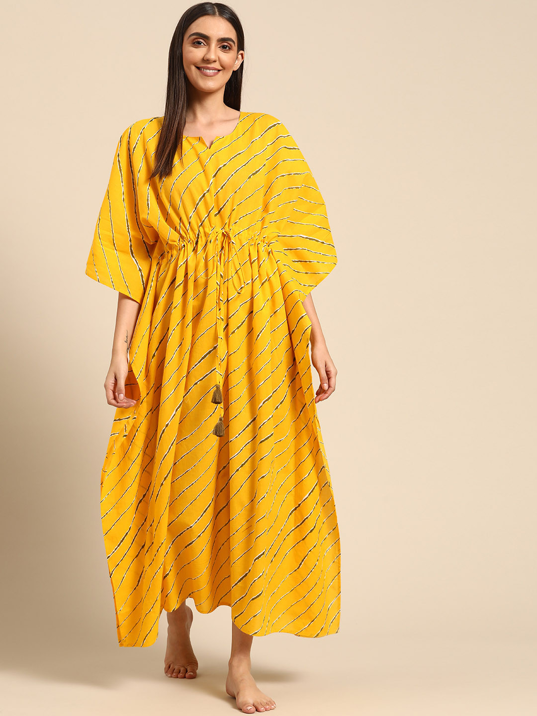 

Prakrti Yellow & Green Leheriya Print Pure Cotton Kaftan Nightdress