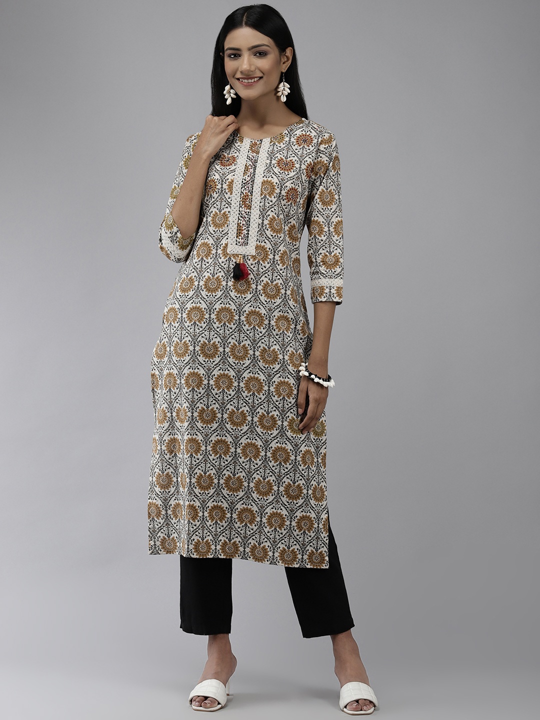 

Yufta Women Beige Ethnic Motifs Cotton Printed Kurta