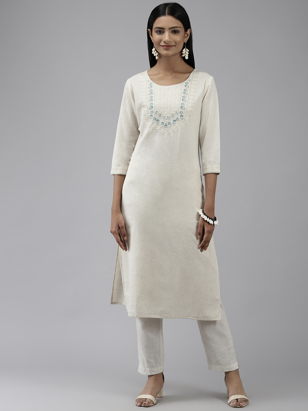 

Yufta Women White Yoke Design Thread Work Pastels Kurta
