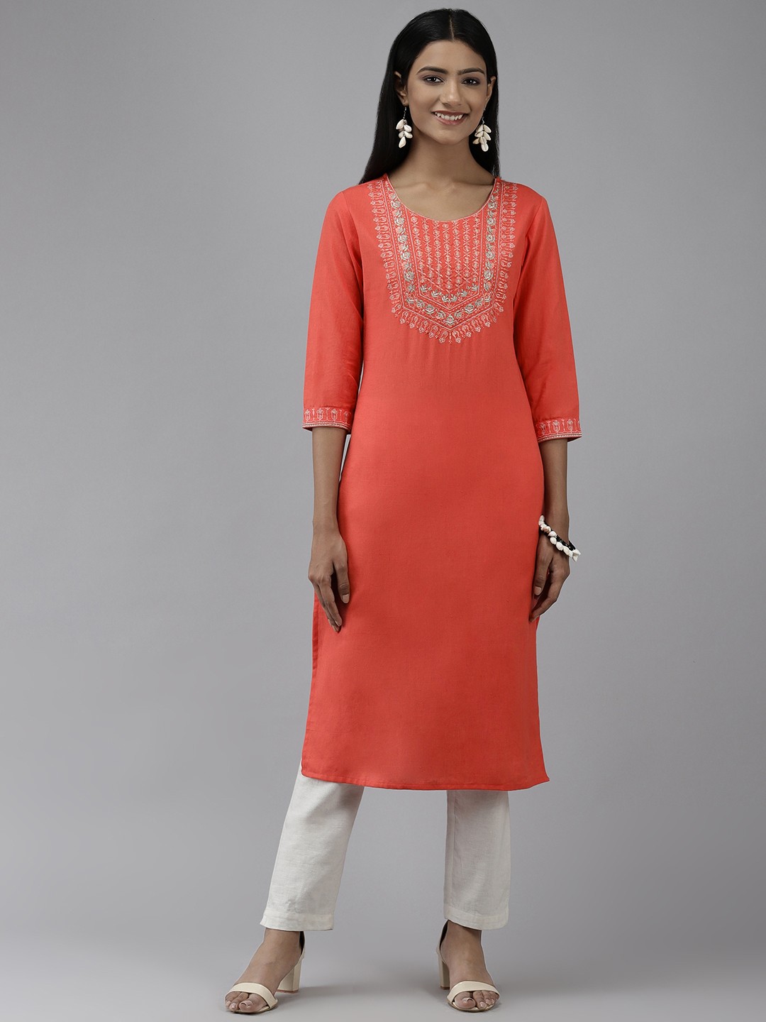 

Yufta Women Orange Yoke Design Thread Work Cotton Pastels Kurta