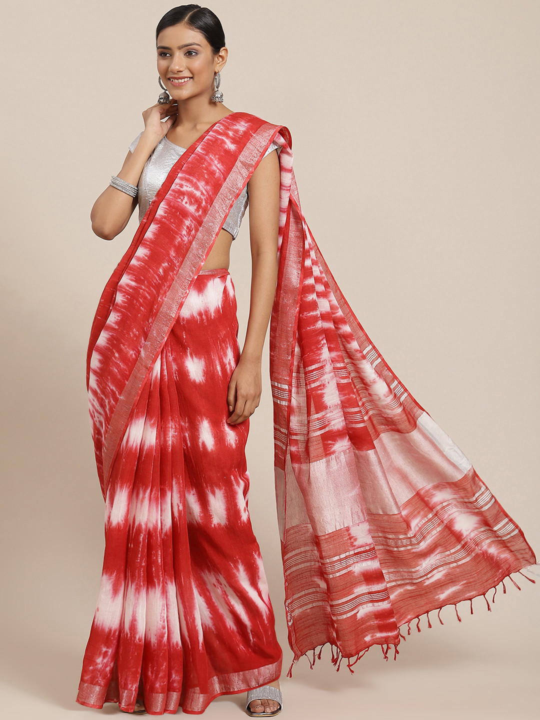 

Yufta Red & White Tie and Dye Linen Blend Leheriya Saree