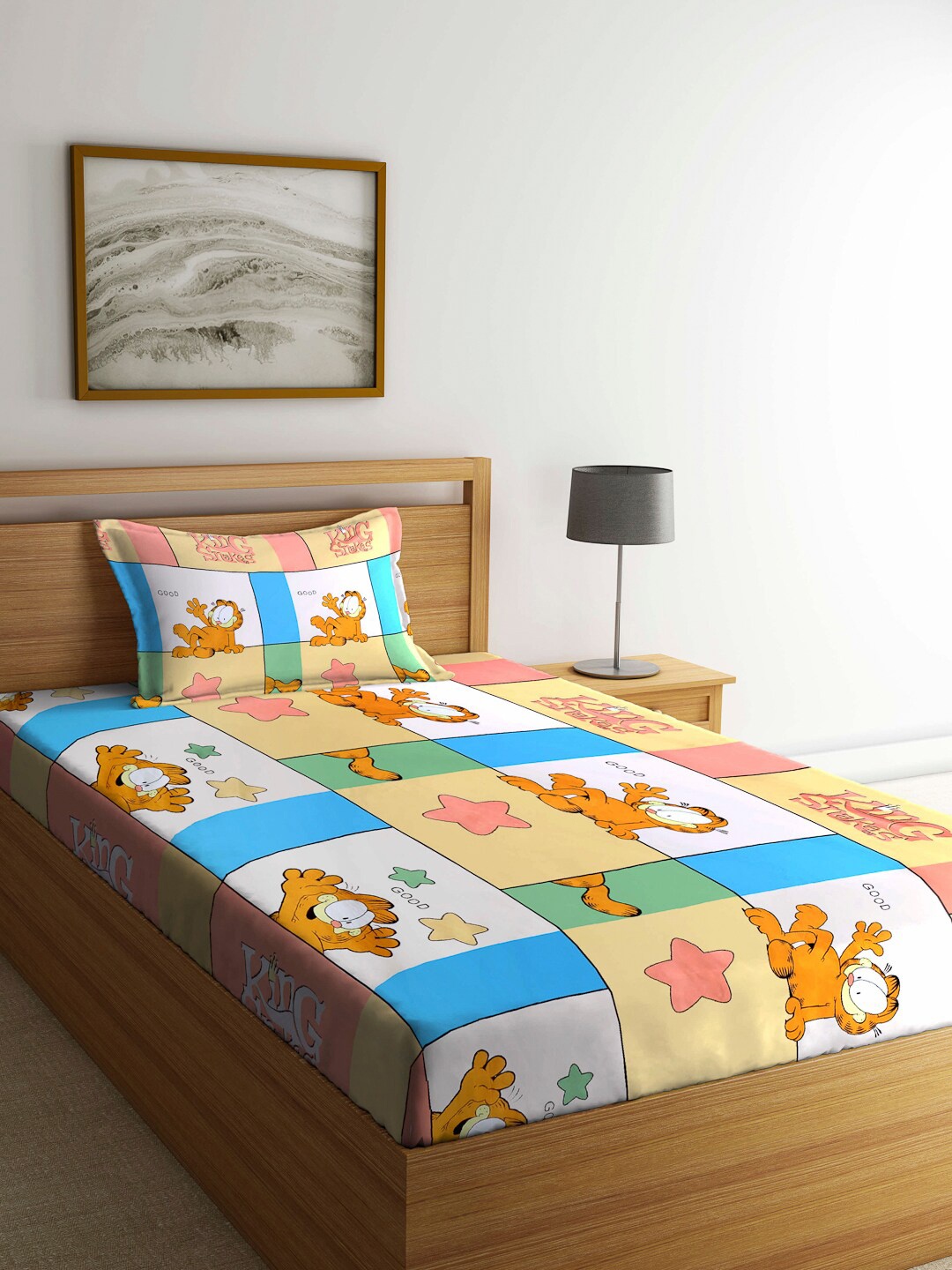 

KLOTTHE Yellow & Blue Cartoon Characters 210 TC Single Bedsheet with 1 Pillow Covers