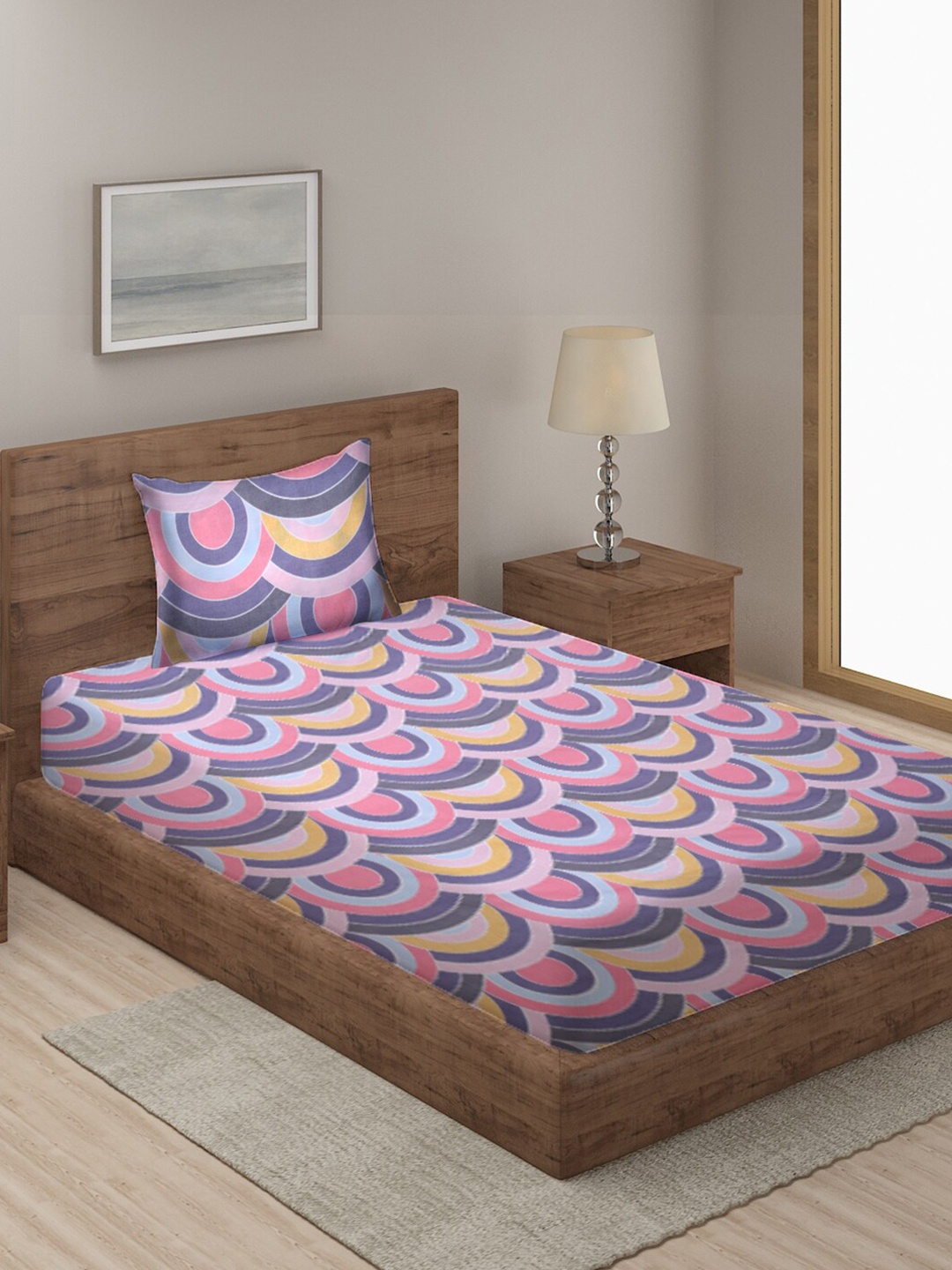 

KLOTTHE Pink & Blue Geometric 210 TC Single Bedsheet with 1 Pillow Cover