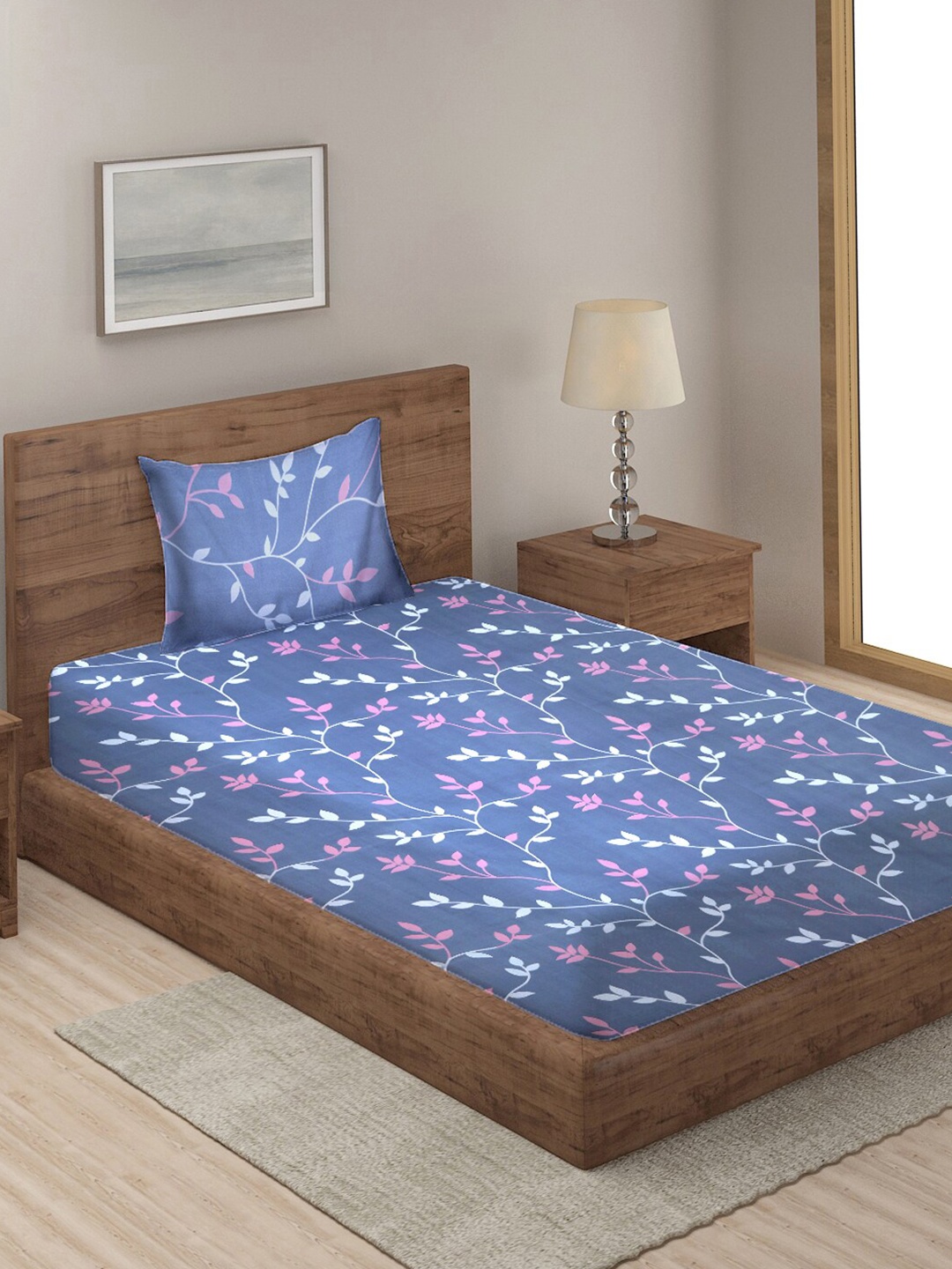 

KLOTTHE Blue & Pink Floral 210 TC Single Bedsheet with 1 Pillow Covers