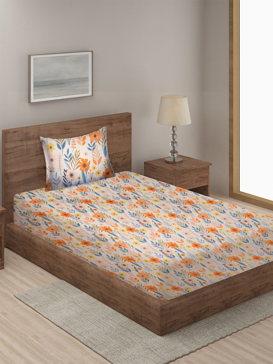 

KLOTTHE White & Orange Floral 210 TC Single Bedsheet with 1 Pillow Covers