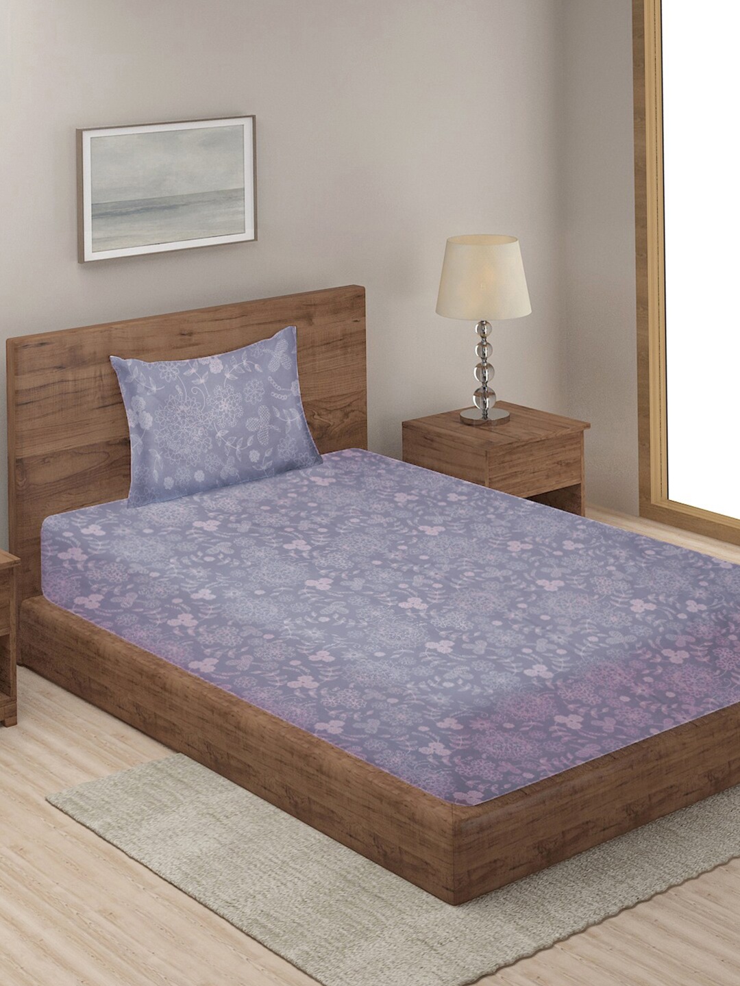 

KLOTTHE Grey & Off White Floral 210 TC Single Bedsheet with 1 Pillow Covers