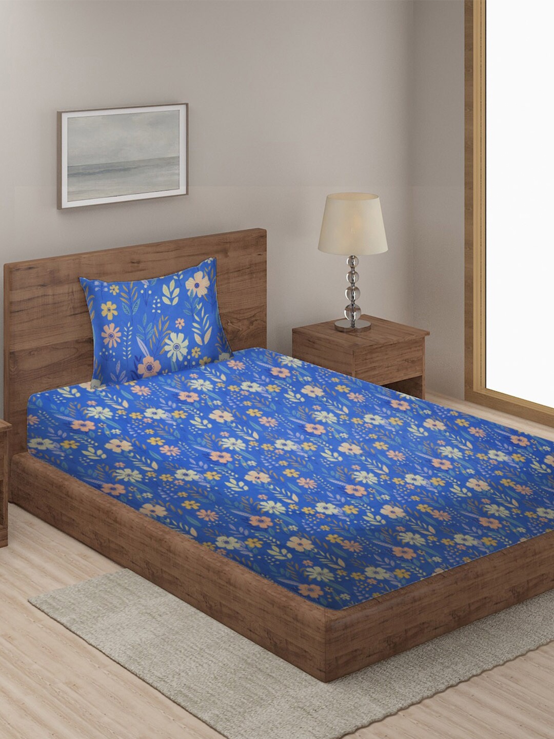 

KLOTTHE Blue & Orange Floral 210 TC Single Bedsheet with 1 Pillow Covers