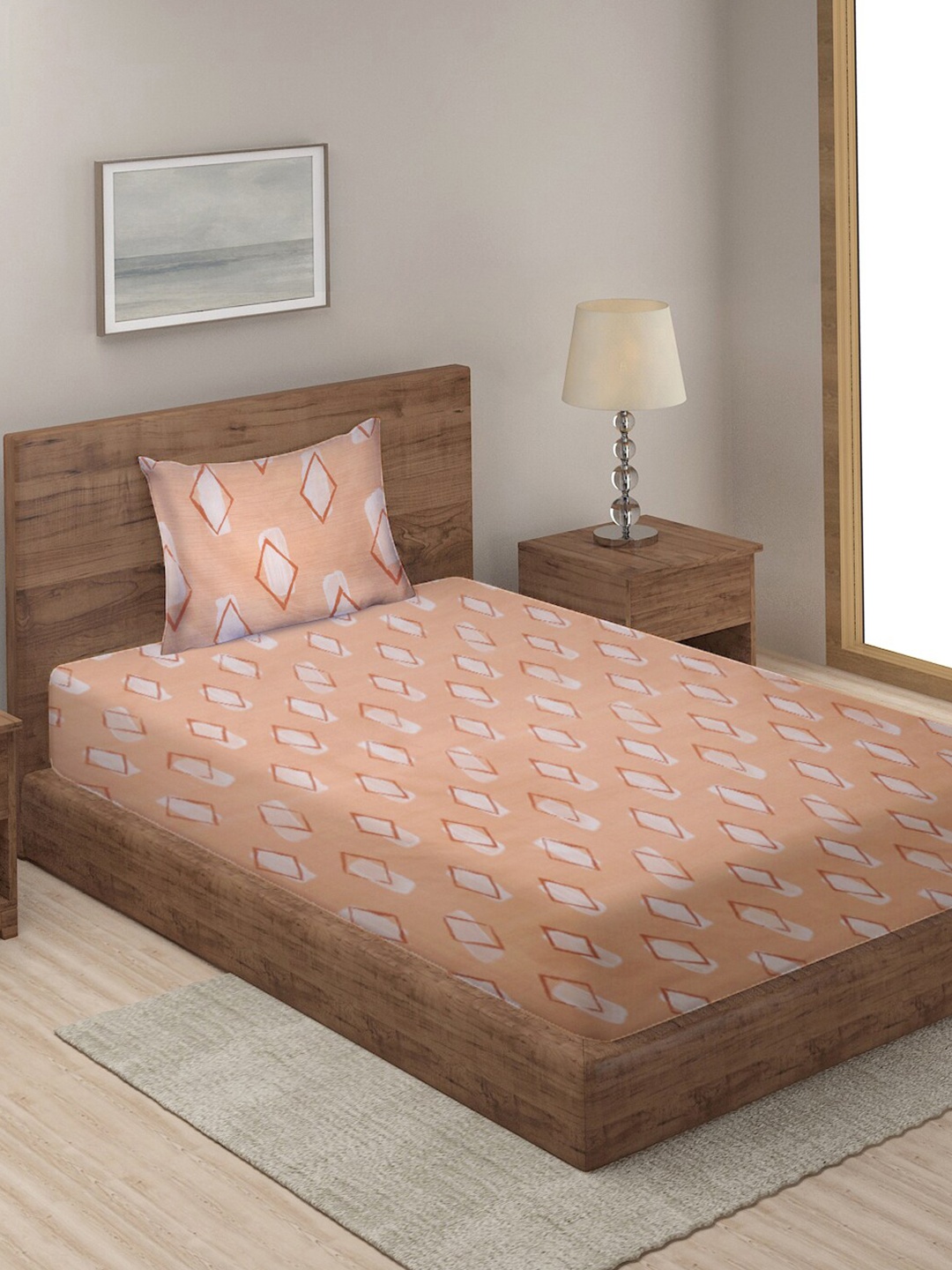 

KLOTTHE Peach-Coloured & White Geometric 210 TC Single Bedsheet with 1 Pillow Covers