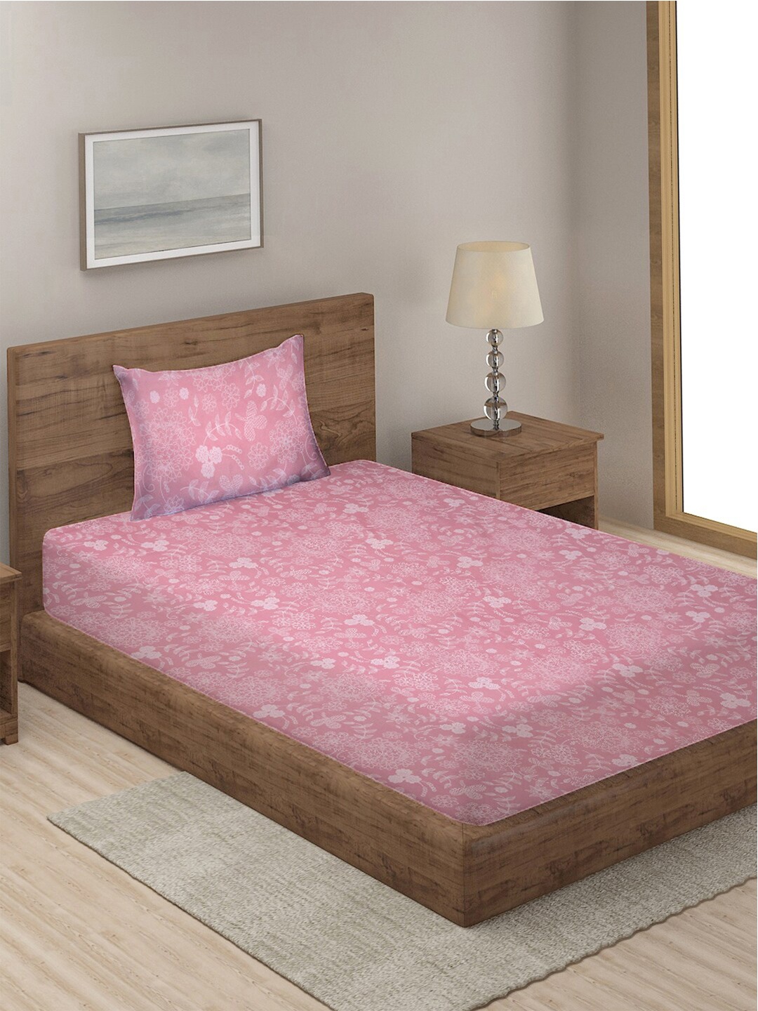 

KLOTTHE Pink Floral 210 TC Single Bedsheet with 1 Pillow Cover