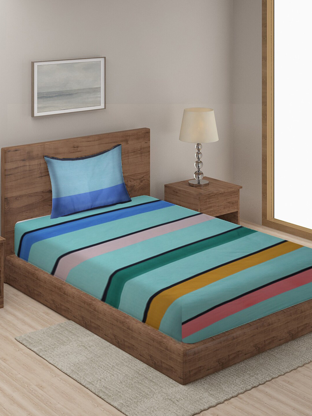 

KLOTTHE Blue & Pink Striped 300 TC Single Bedsheet with 1 Pillow Covers