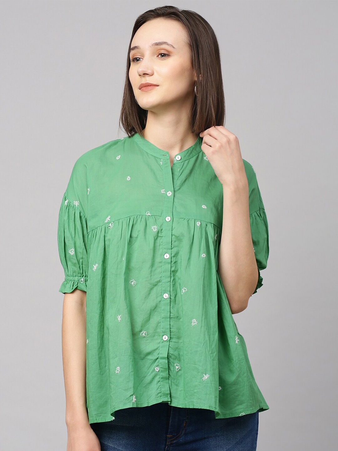 

Chemistry Green Embroidered Puff Sleeves Pure Cotton Top
