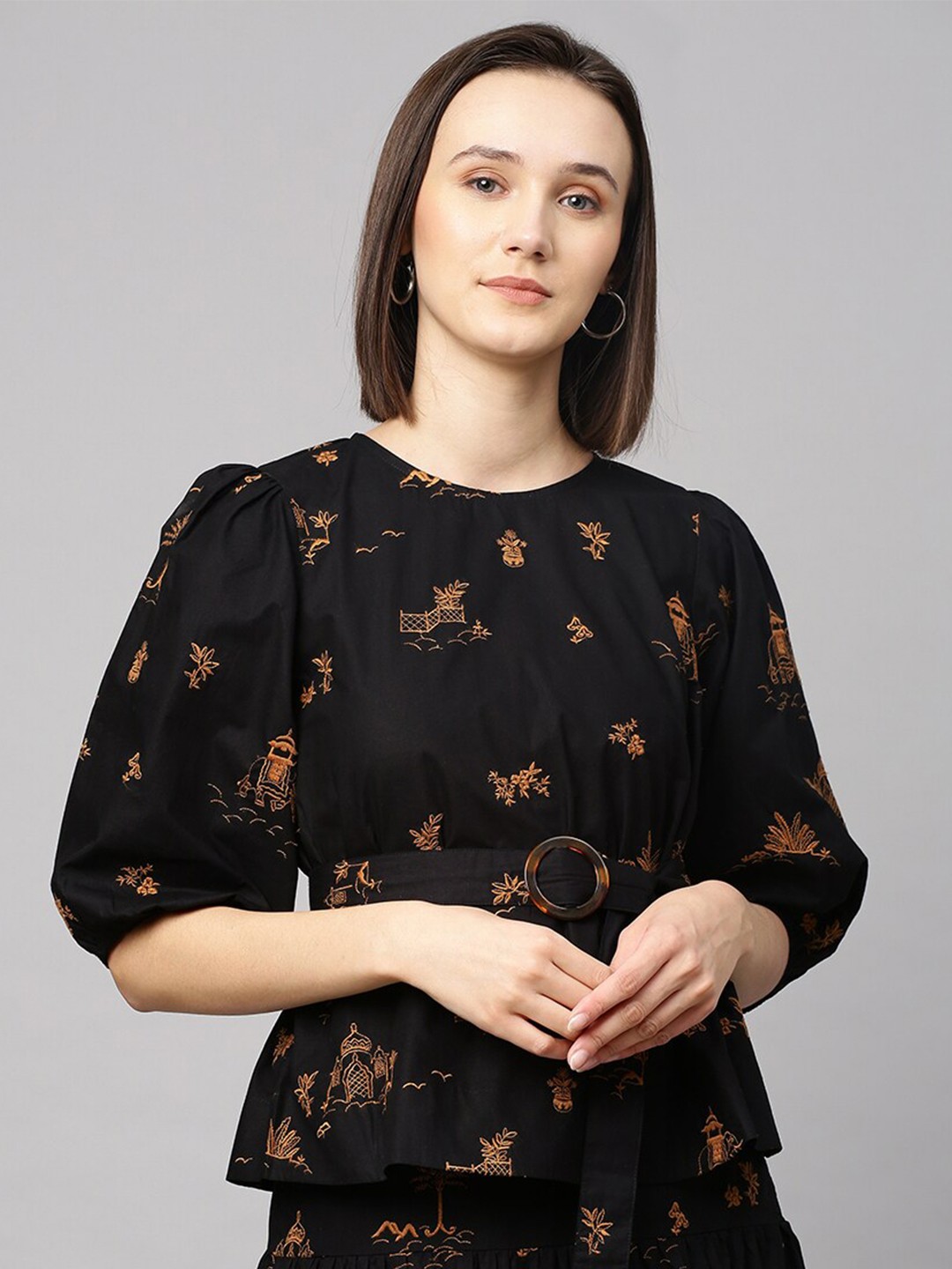 

Chemistry Black & Orange Embroidered Cotton Cinched Waist Top