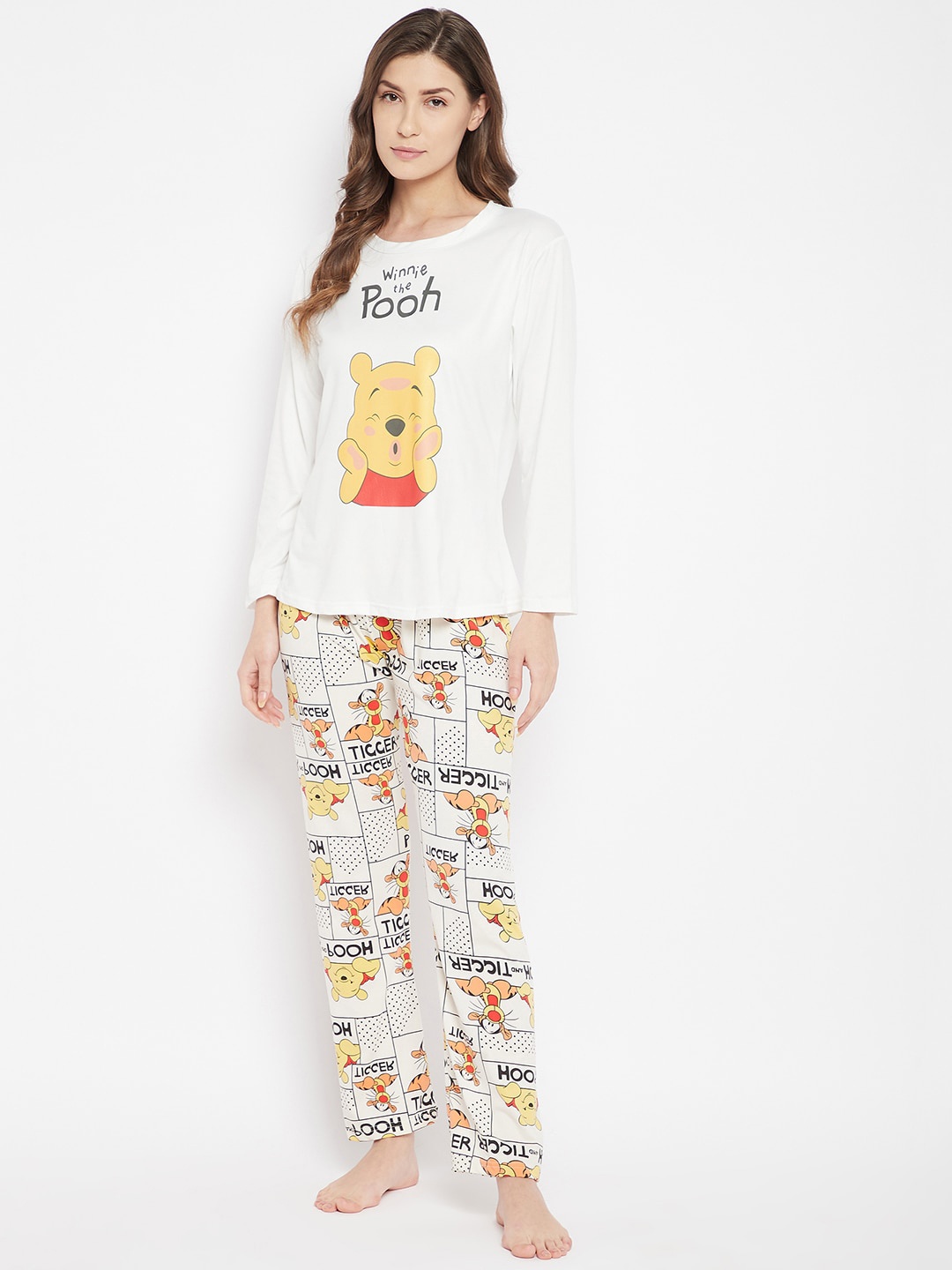 

Camey Women Off White & Orange Winnie The Pooh Printed Night suit