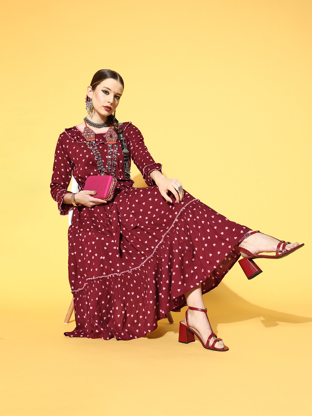 

mokshi Women Charming Maroon Conversational Feminine Frills Dress