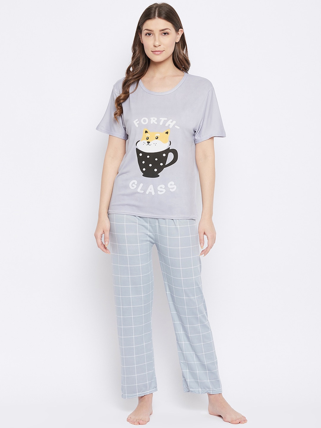 

Camey Women Grey & White Printed Night suit