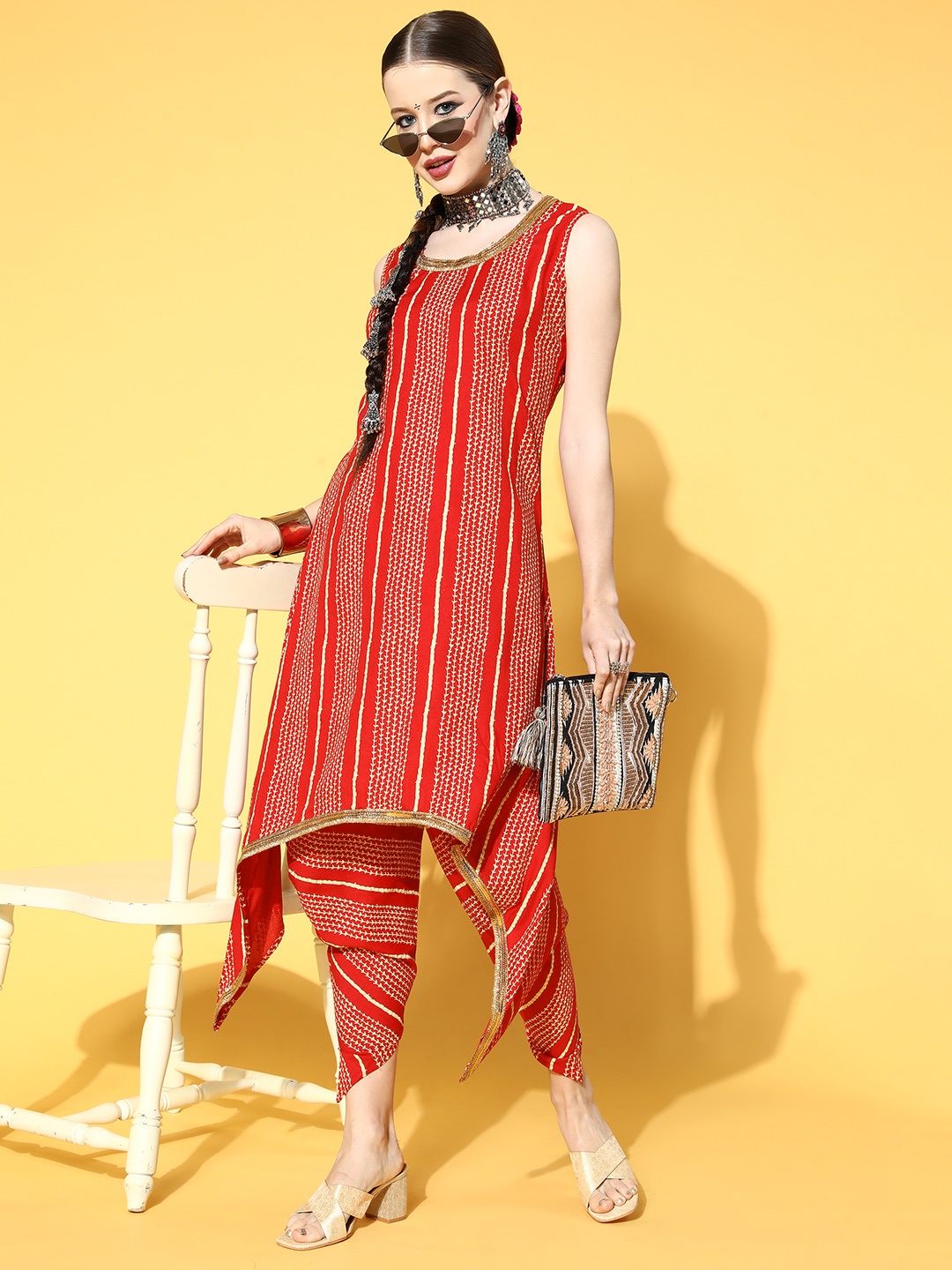 

mokshi Striped Viscose Rayon Asymmetric Hemline Kurta Set, Red