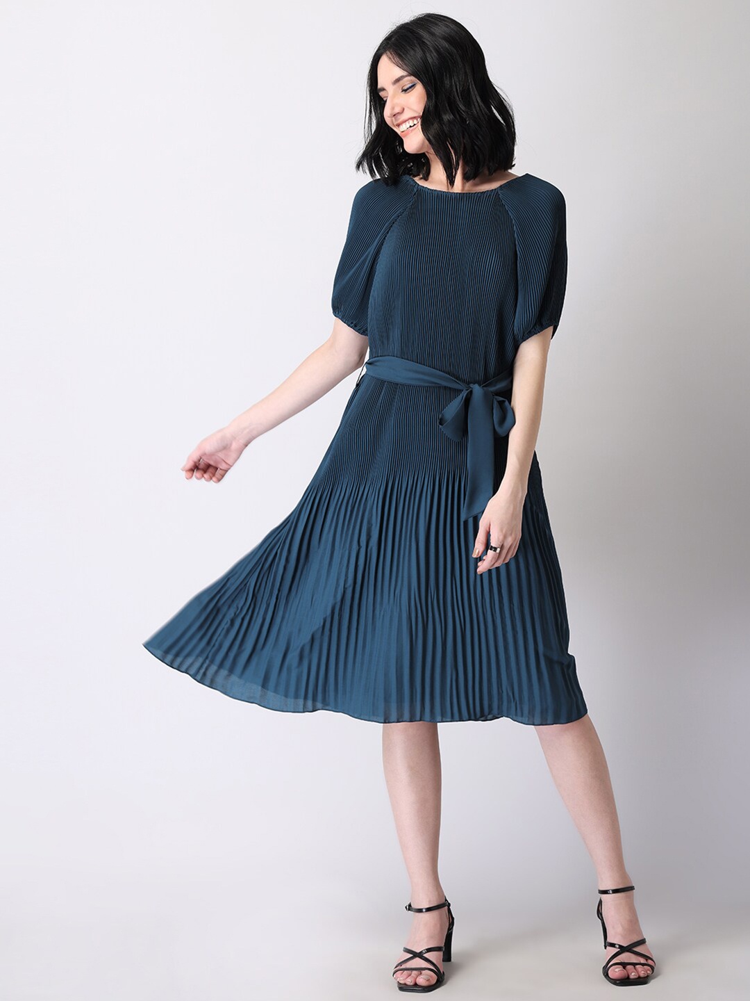 

FabAlley Blue Solid Fit and Flare Dress